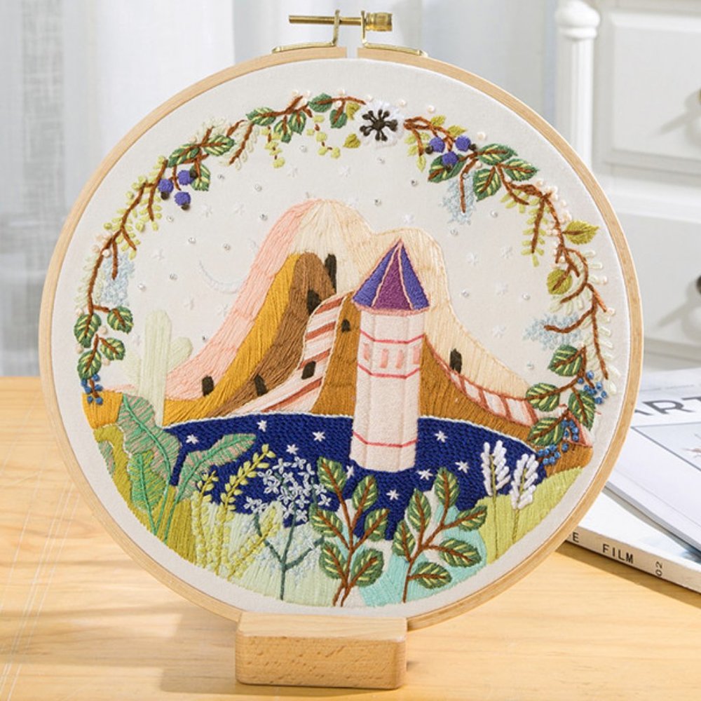 NEW Boho Embroidery Kit w/Hoop Mountain Scene Plants Beginner Craft DIY Nature